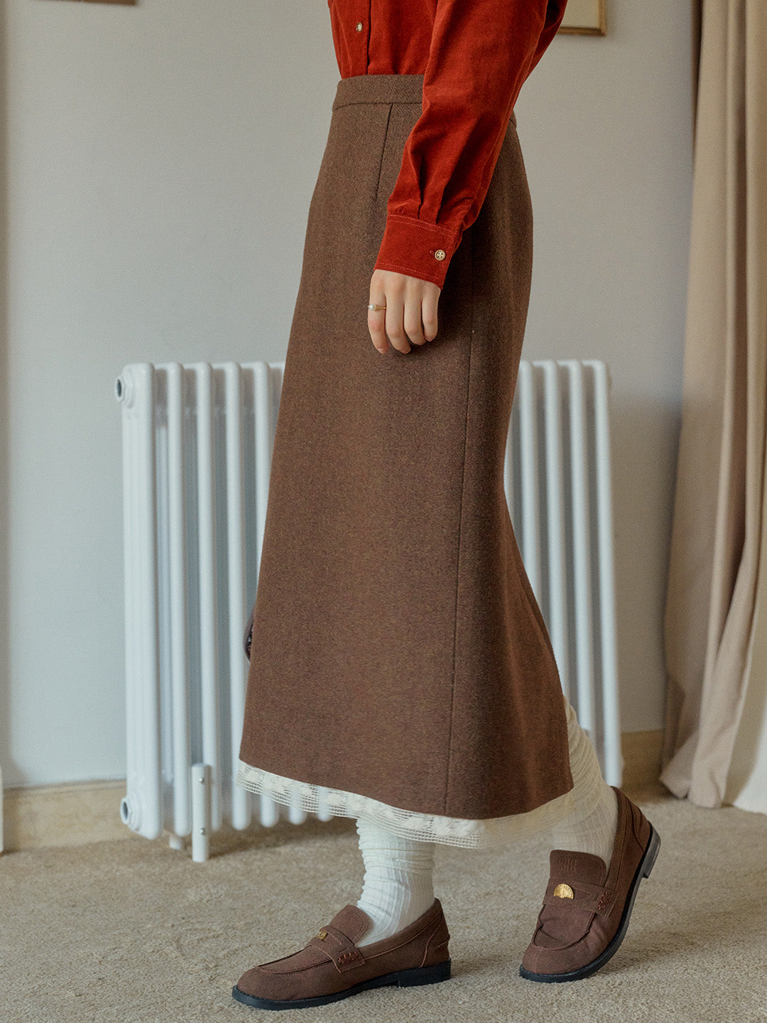 Nala Lace Stitching Brown Pocket Wool Skirt