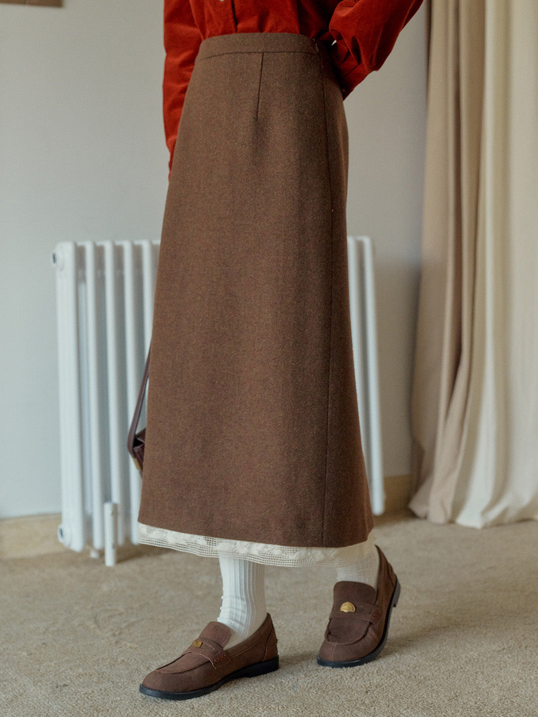 Nala Lace Stitching Brown Pocket Wool Skirt