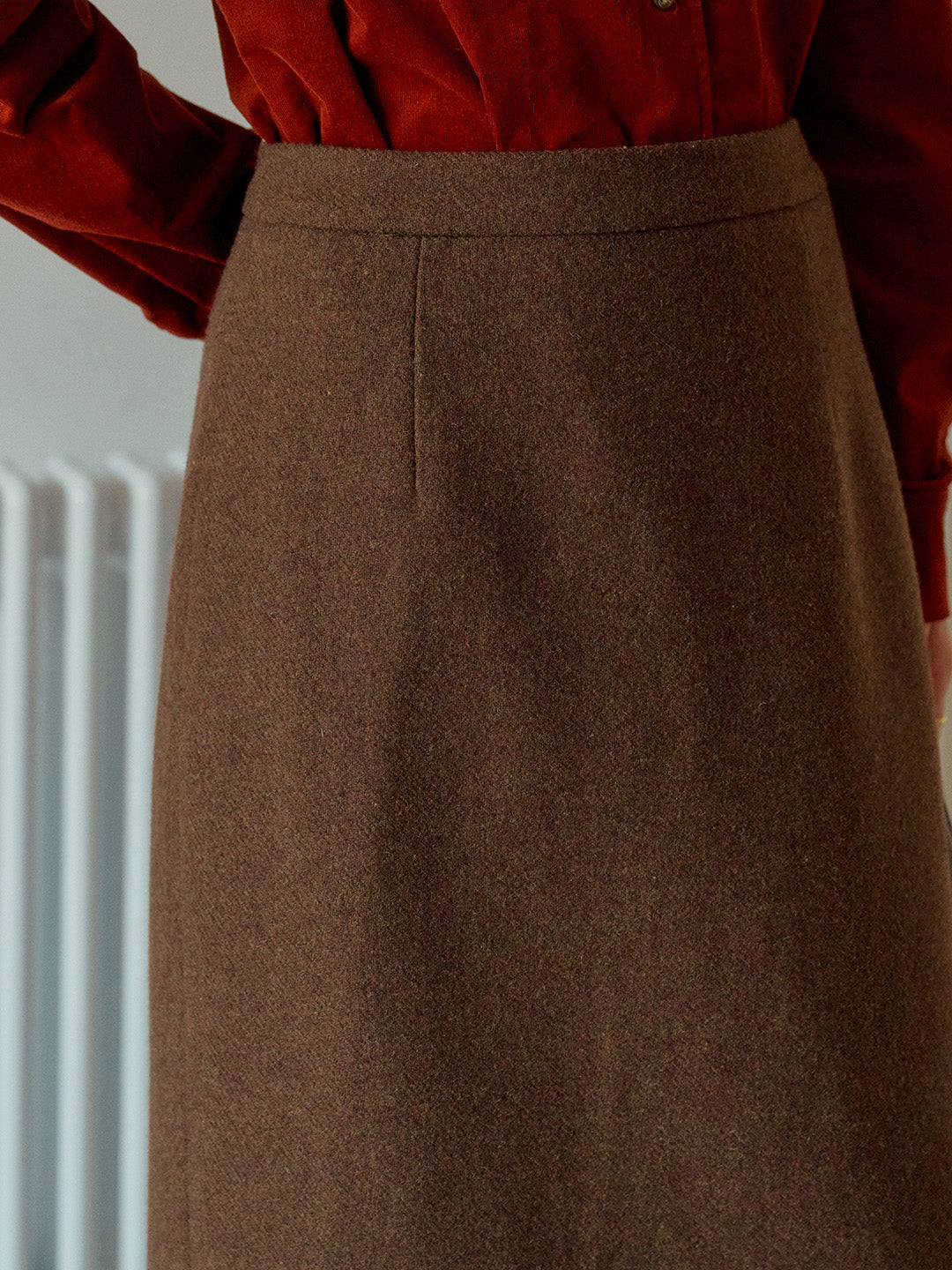 Nala Lace Stitching Brown Pocket Wool Skirt