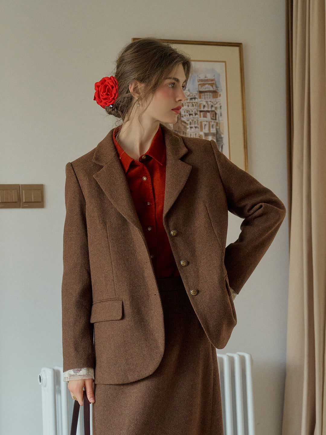 Meilani Notched Collar Brown Straight Wool Blazer