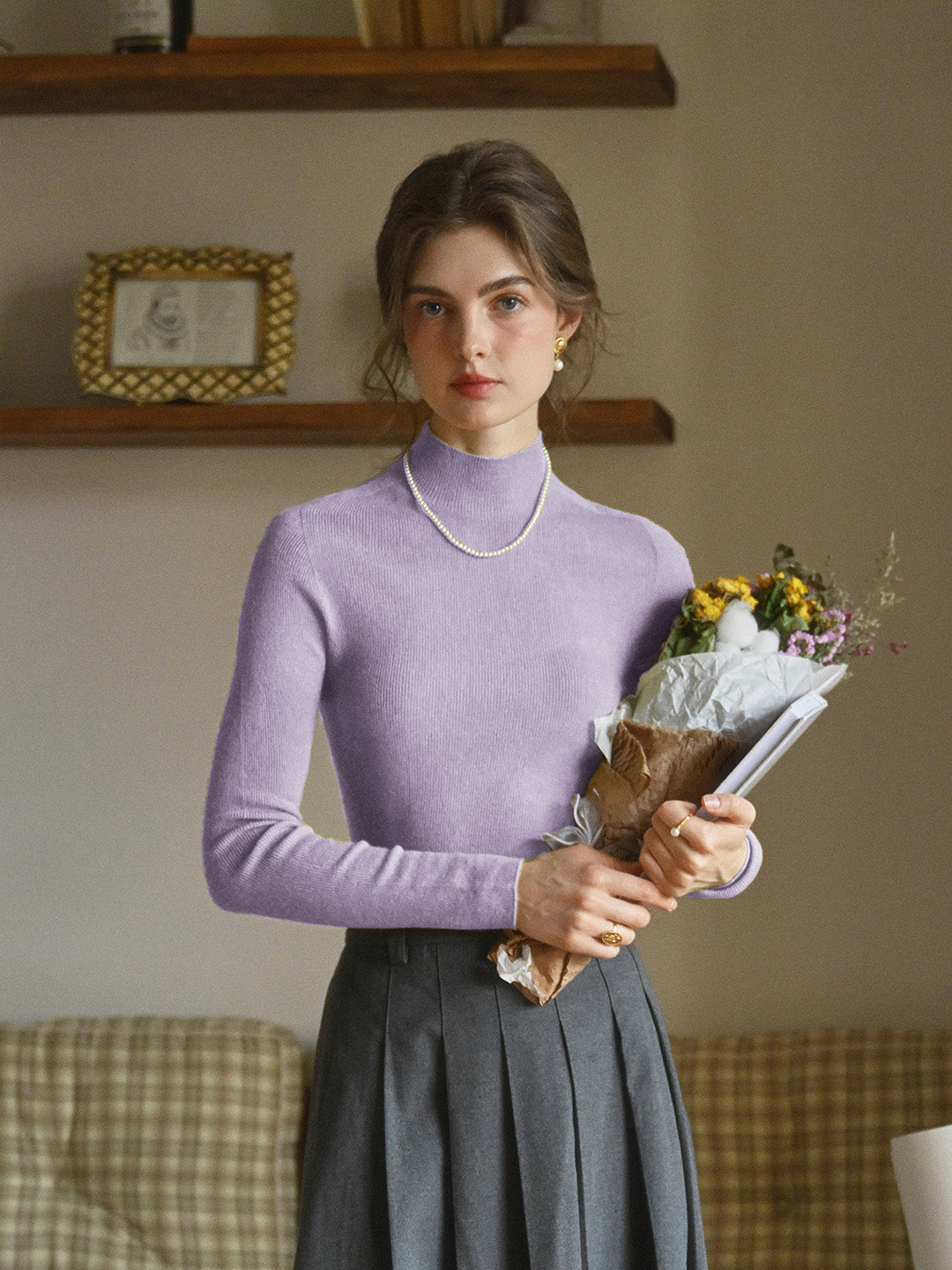 Erin 100% Wool Simple Mock Neck Slim Fit Sweater - Purple