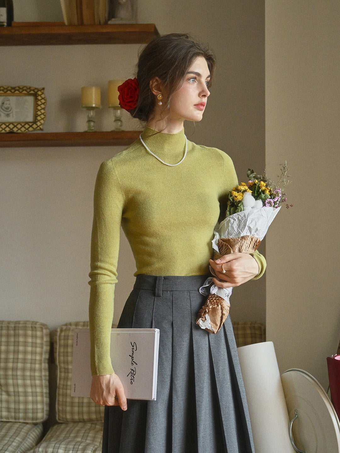 Erin 100% Wool Simple Mock Neck Slim Fit Sweater - Apricot