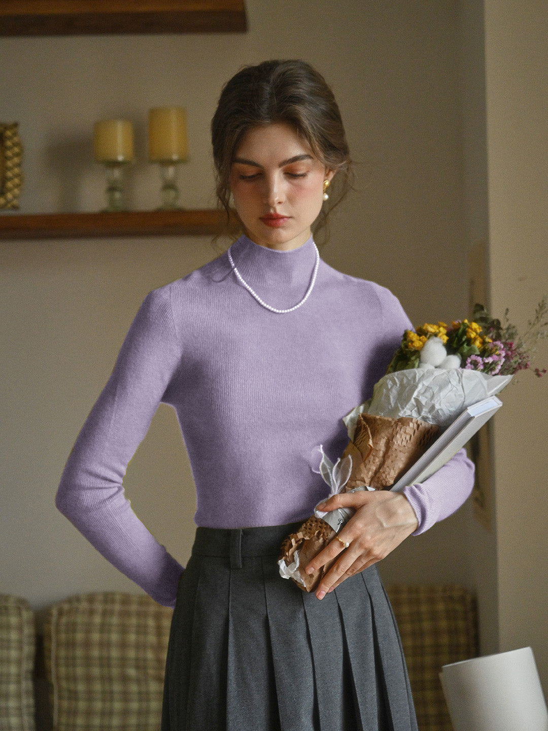 Erin 100% Wool Simple Mock Neck Slim Fit Sweater - Purple