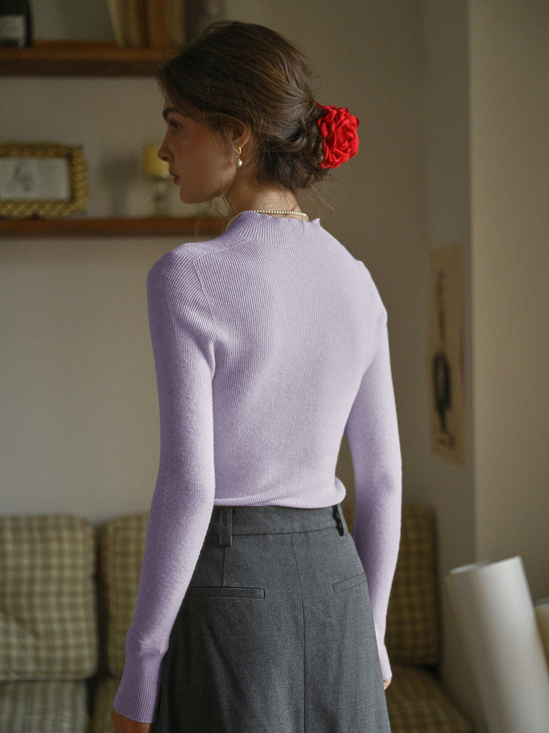 Erin 100% Wool Simple Mock Neck Slim Fit Sweater - Purple