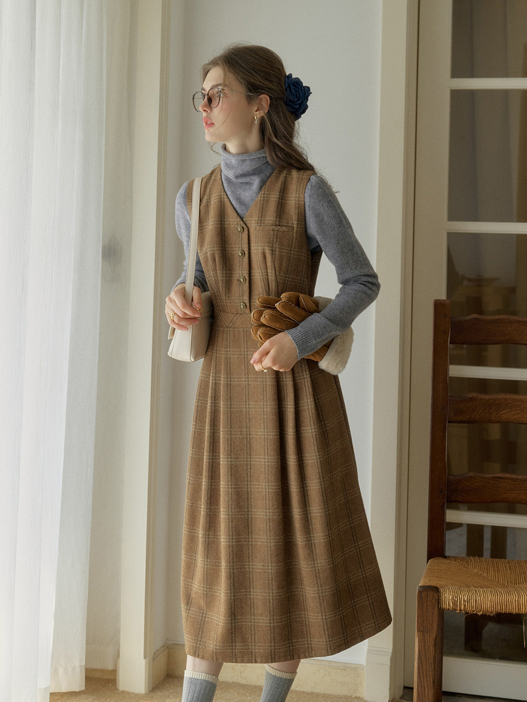 Avayah V-neck Brown Plaid Sleeveless Pocket Wool Dress