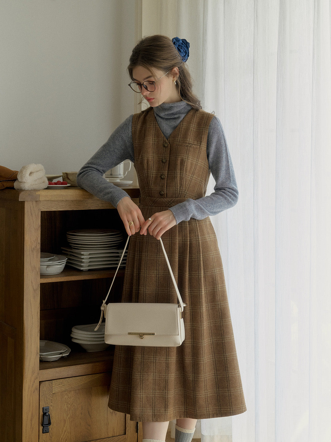 Avayah V-neck Brown Plaid Sleeveless Pocket Wool Dress