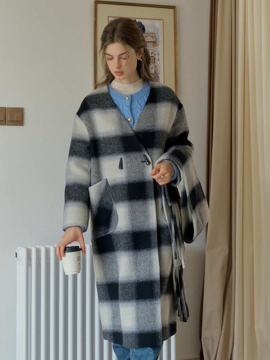 Dana Contrasting Plaid 100% Wool Coat with Double-Breasted Horn Button