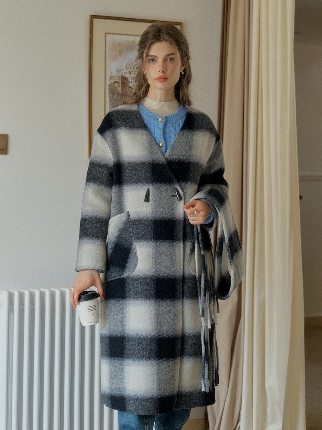 Dana Contrasting Plaid 100% Wool Coat with Double-Breasted Horn Button