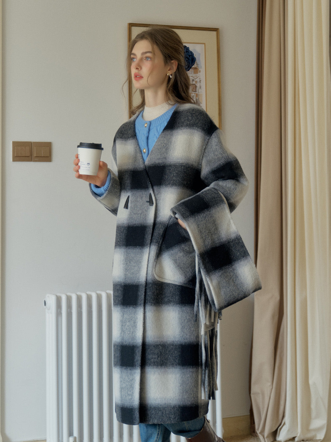 Dana Contrasting Plaid 100% Wool Coat with Double-Breasted Horn Button