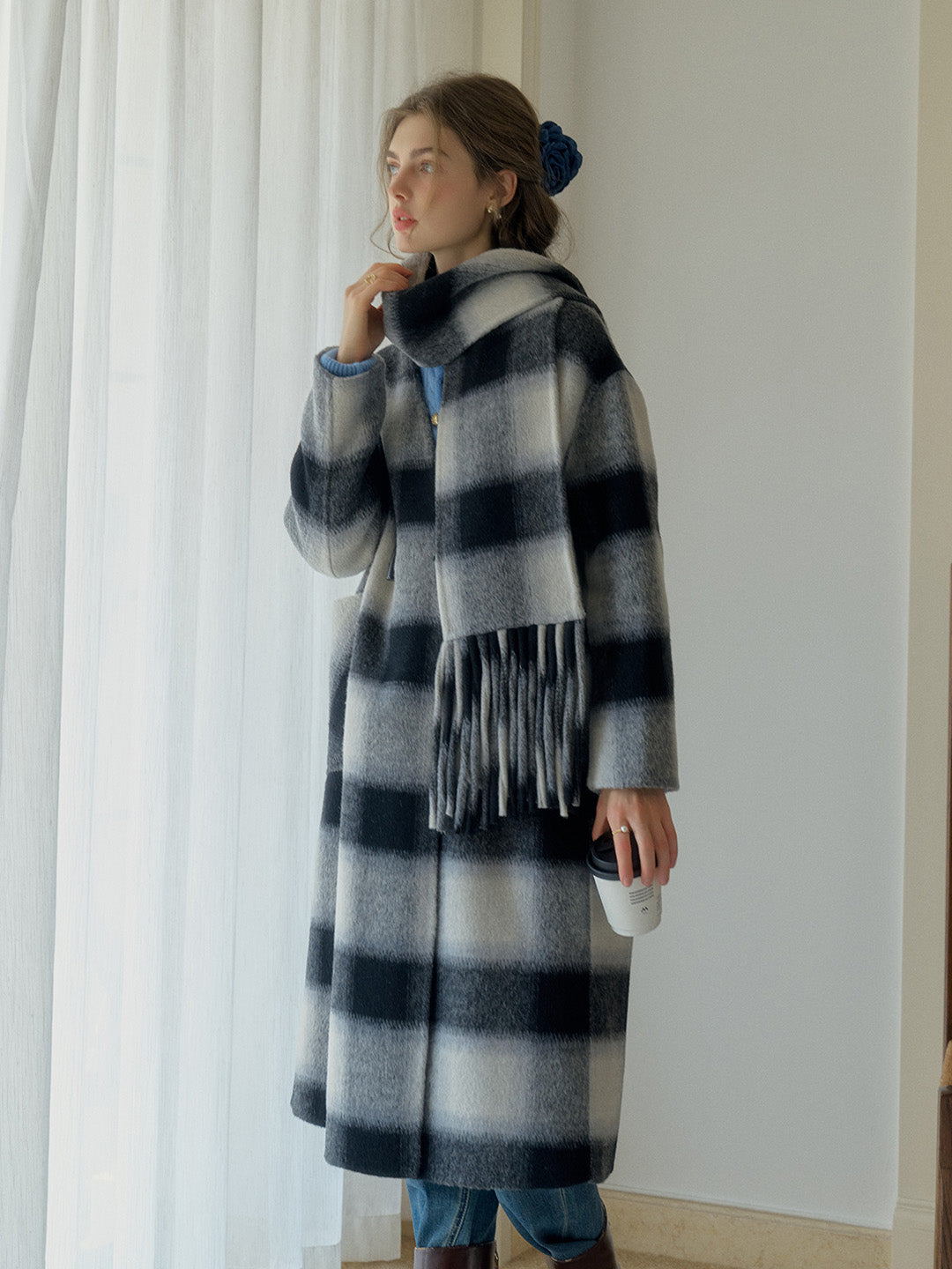 Dana Contrasting Plaid 100% Wool Coat with Double-Breasted Horn Button