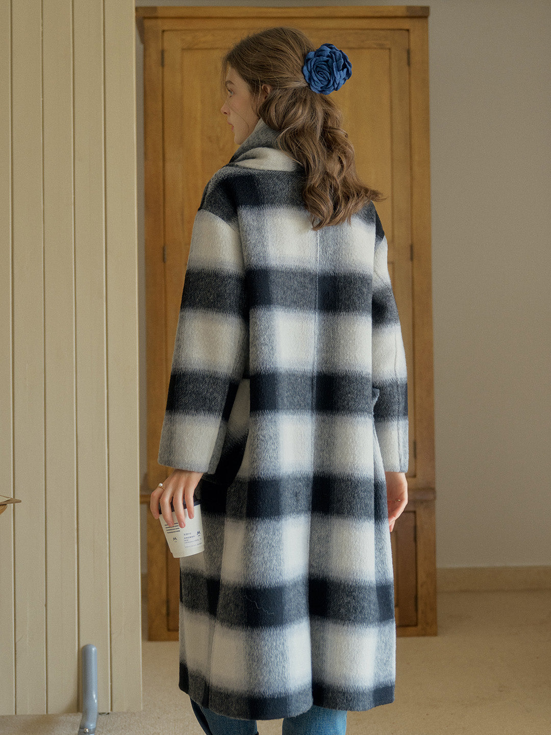 Dana Contrasting Plaid 100% Wool Coat with Double-Breasted Horn Button