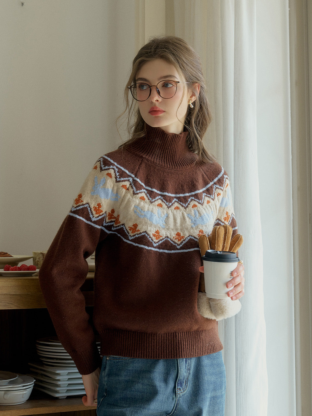 Simone Fair Isle Bunny Contrast Jacquard Turtleneck Sweater