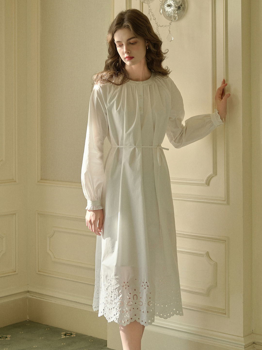 Lilly Round Neck Hem Hollow Embroidered Cotton Dress