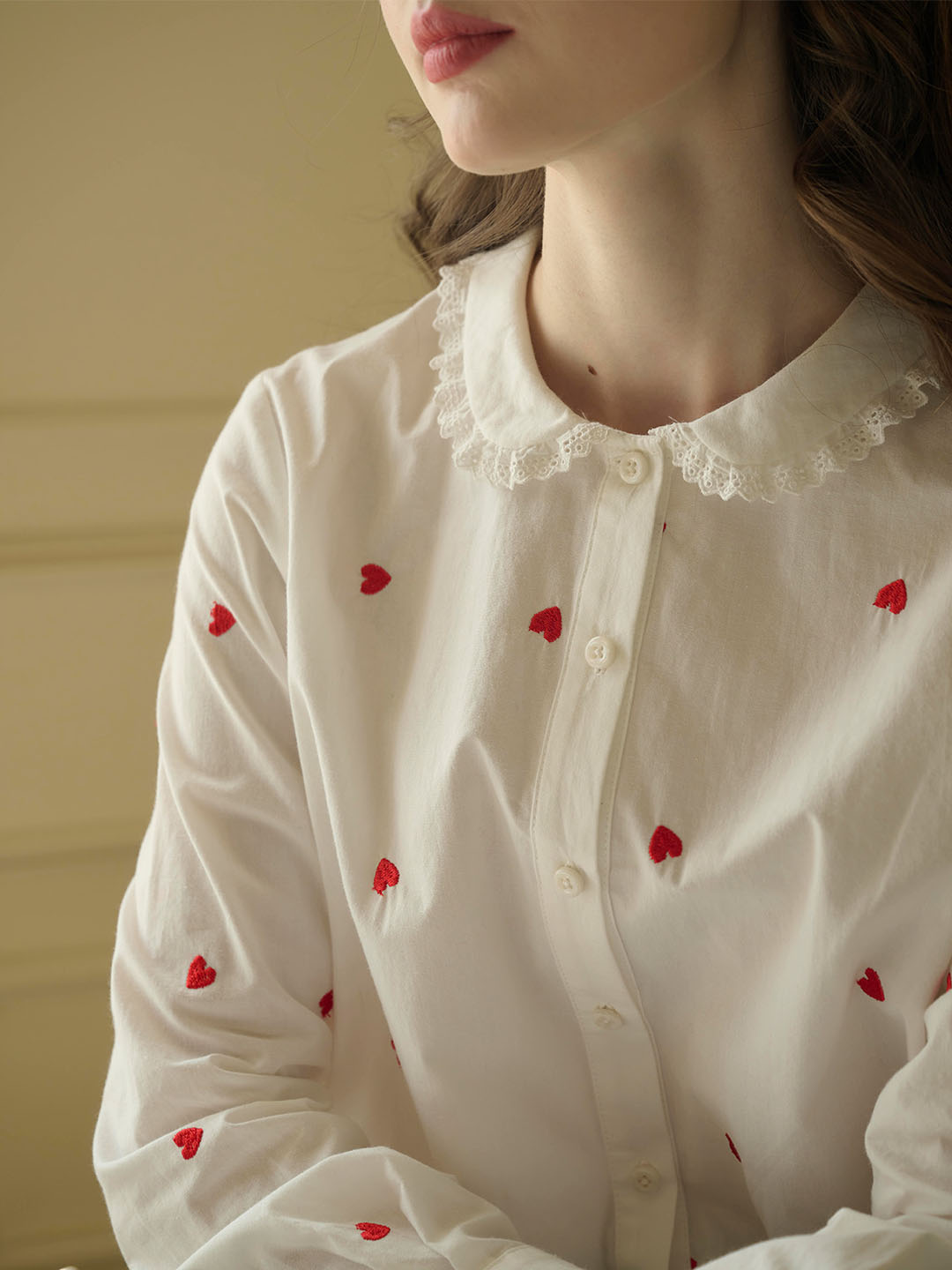 Arianna Peter Pan Collar Sweetheart Embroidered Cotton Blouse