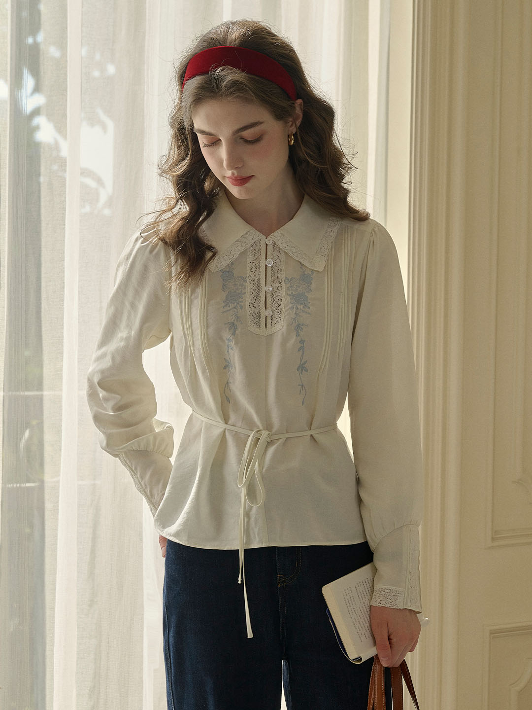 Delaney Rose Embroidered Lace Patchwork Lapel Blouse