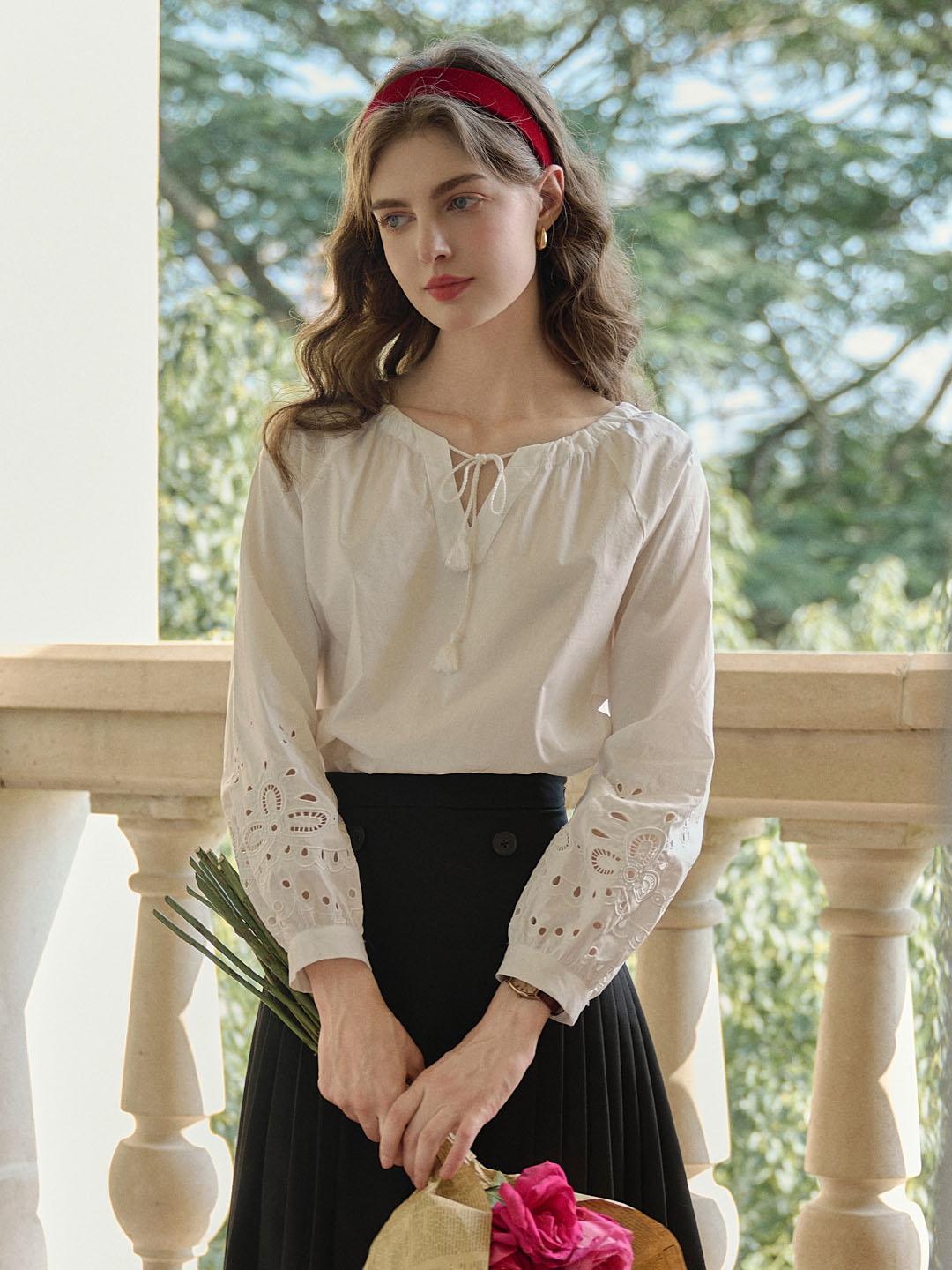 Ariel Lace-up V-neck Hollow Embroidered Cotton Blouse