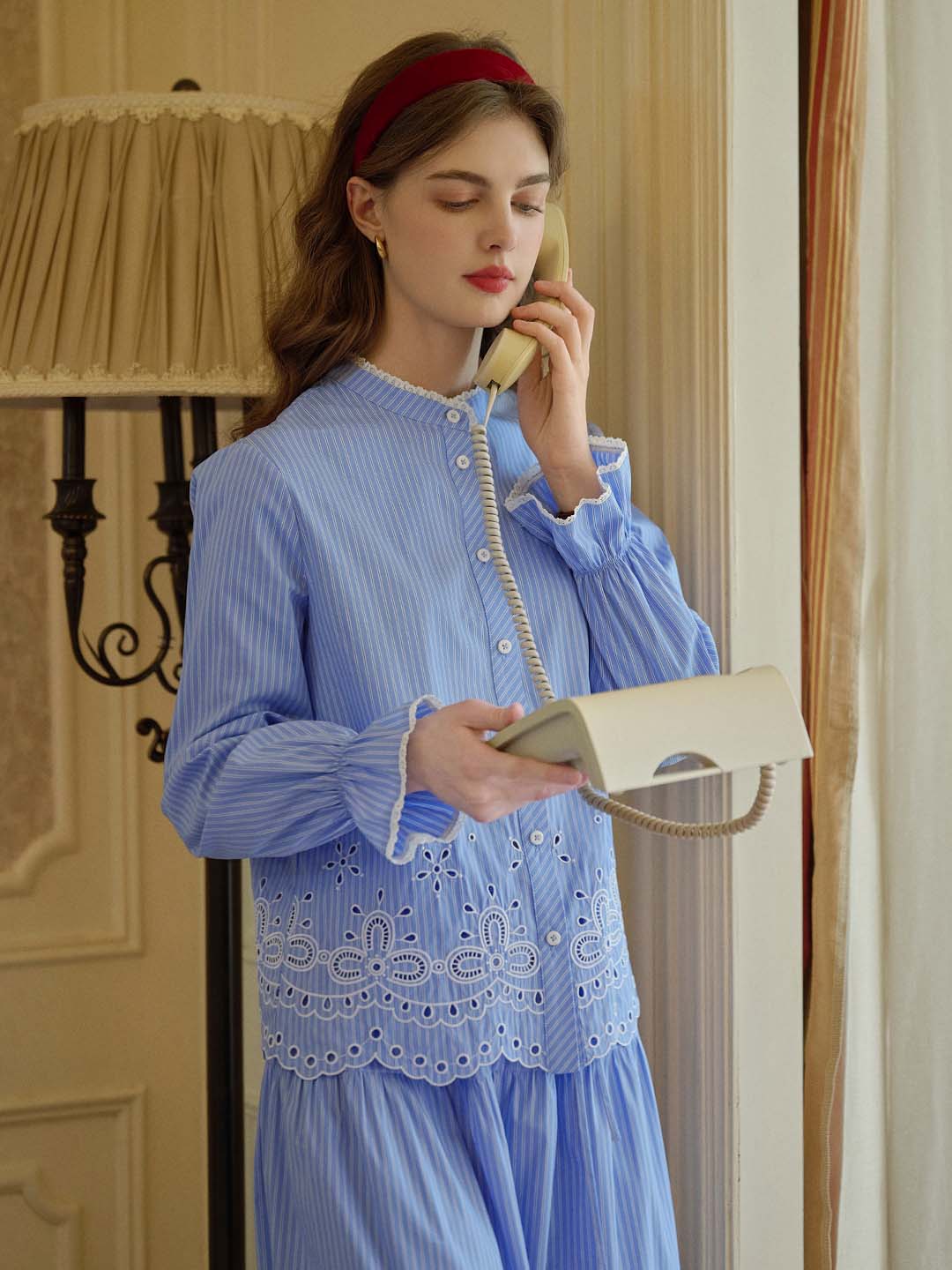 Selena Contrast Lace Mock Neck Hollow Embroidered Blouse