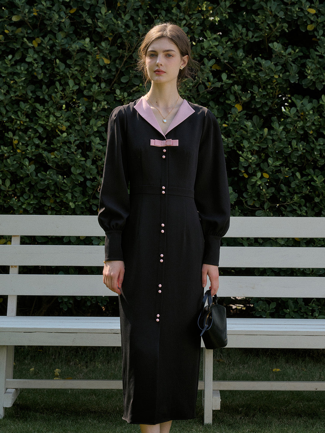 【Black Friday】Karter Notched Lapel Contrasting Button Bow Dress