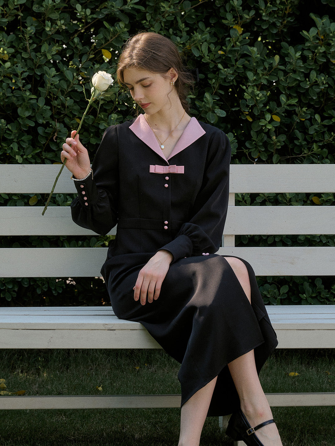 【Black Friday】Karter Notched Lapel Contrasting Button Bow Dress