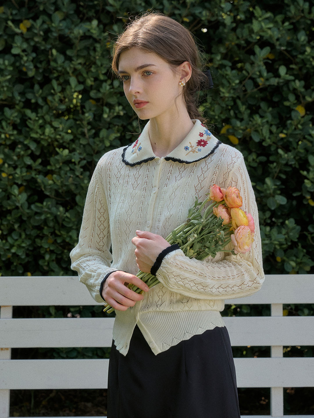 Shay Peter Pan Collar Embroidered Contrast Cutout Cardigan-Apricot