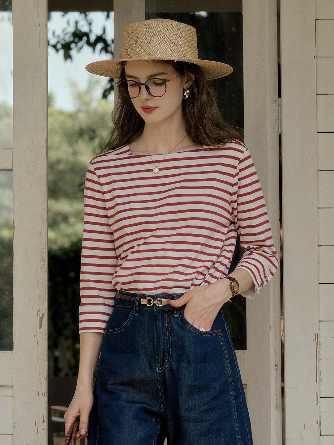 Violet Round Neck Striped Cotton T-shirt