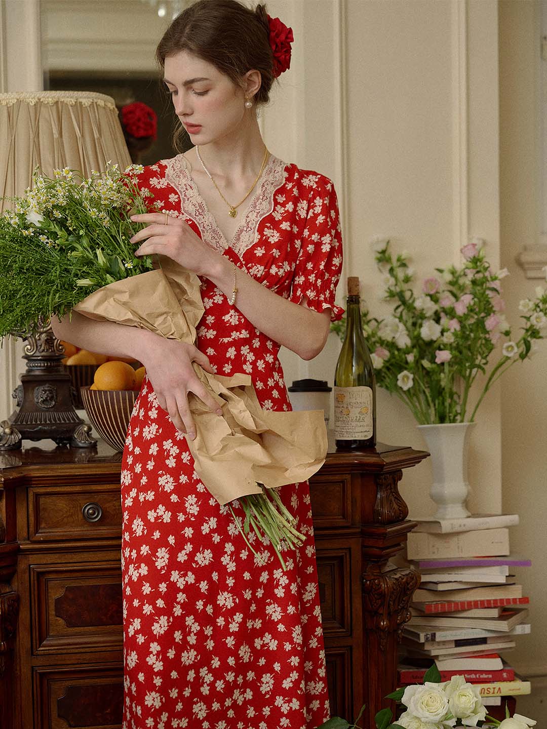 Annie Charming Floral Print Elegant Red Dress