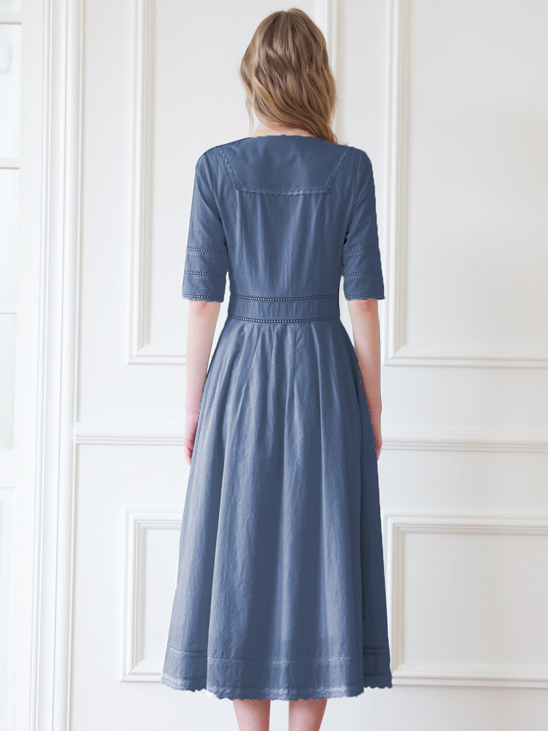 Fiona 100% Cotton Gray Blue Midi Dress