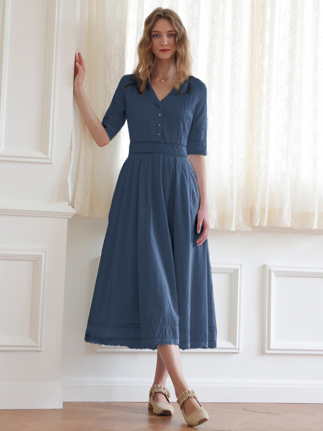 Fiona Cotton Grey Blue Midi Dress