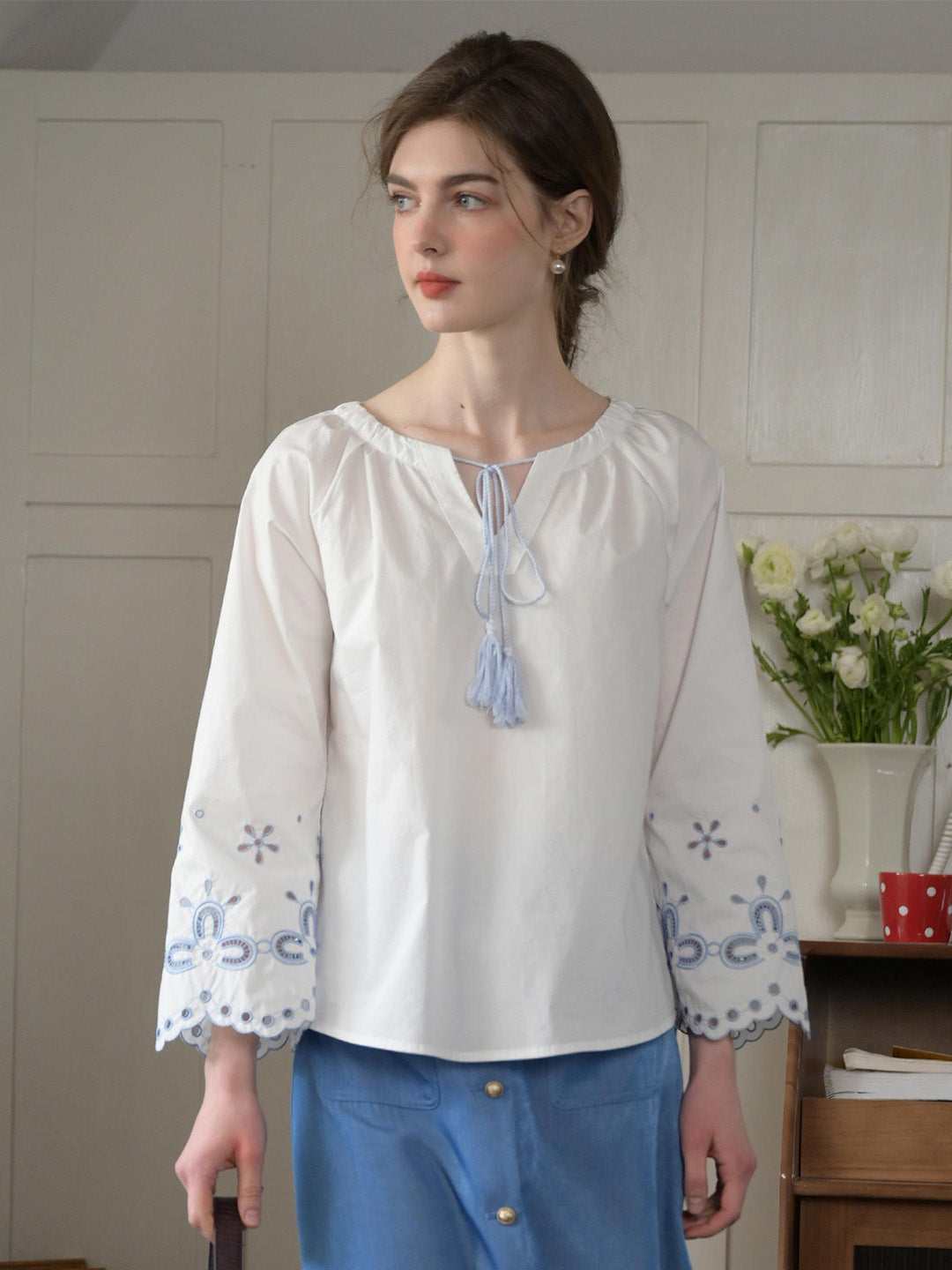 Regina Fringed Tie Round Neck Hollow Embroidered Blouse