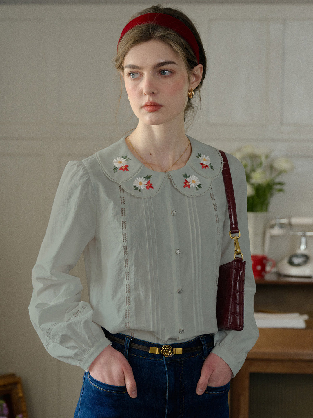 【Final Sale】Gracelyn Peter Pan Collar Embroidery Blouse - Gray