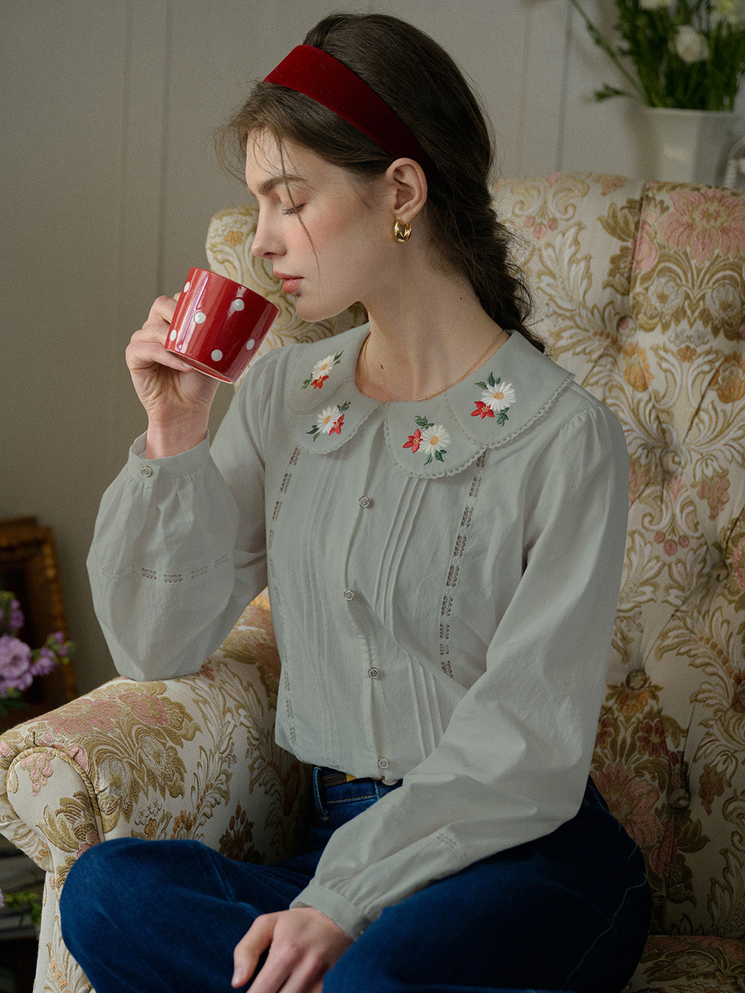 【Final Sale】Gracelyn Peter Pan Collar Embroidery Blouse - Gray