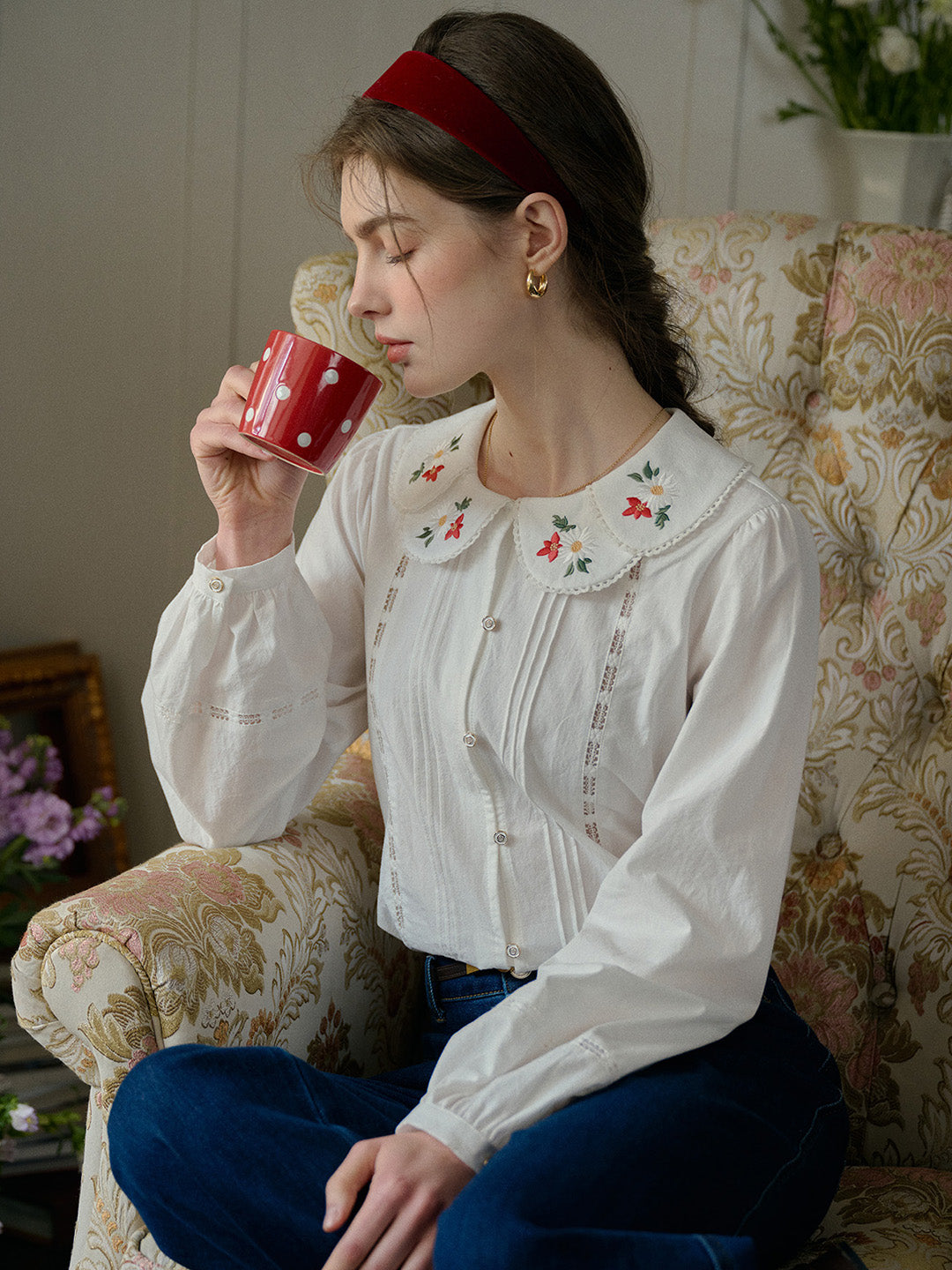 【Final Sale】Gracelyn Peter Pan Collar Embroidery Blouse - Apricot