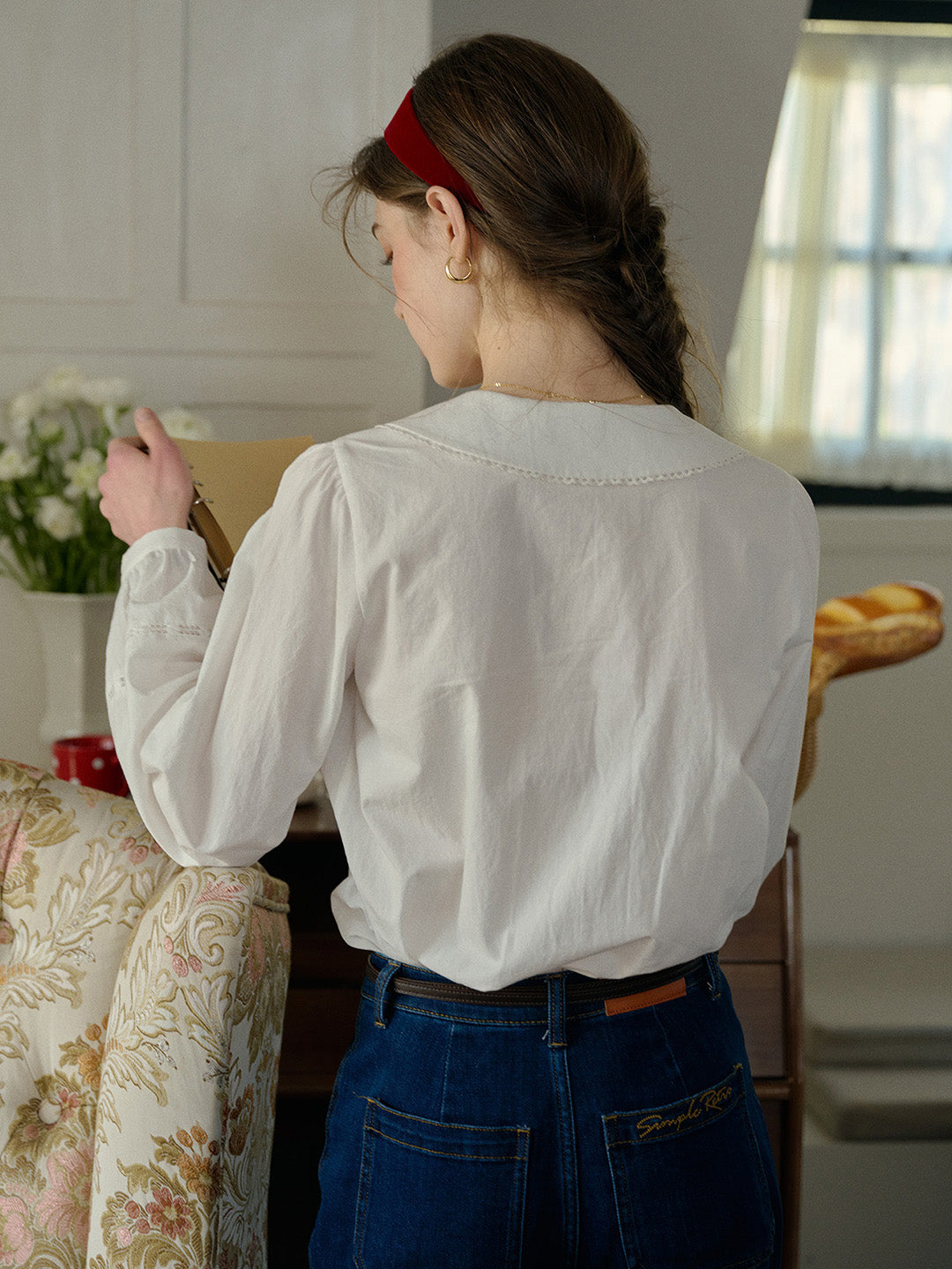 【Final Sale】Gracelyn Peter Pan Collar Embroidery Blouse - Gray