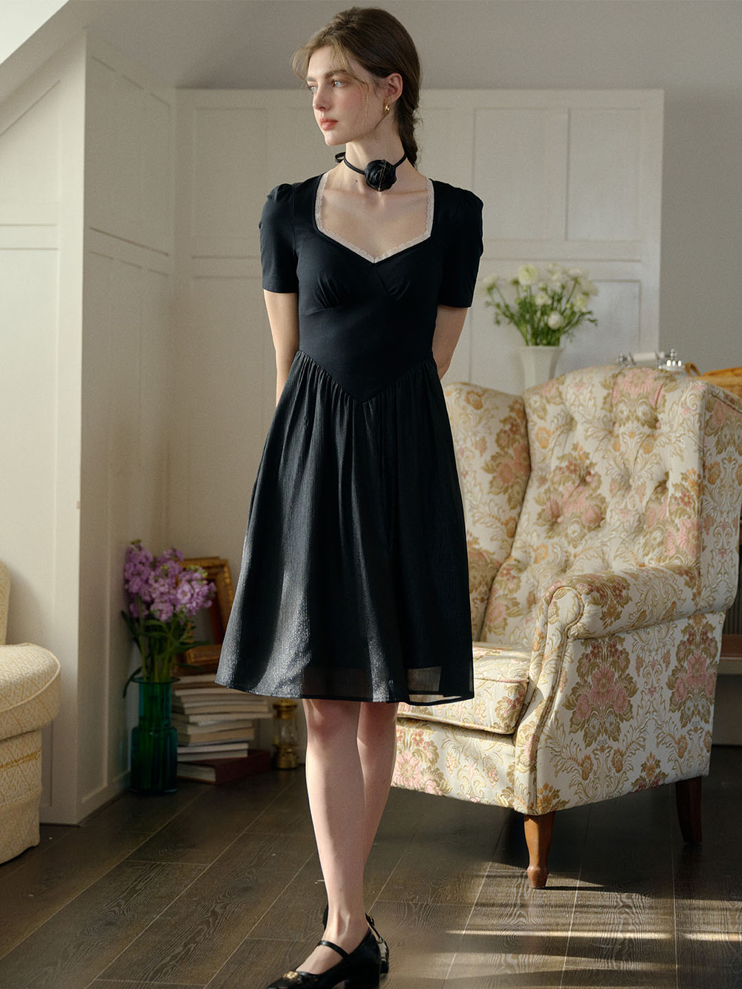 Viviana Color Block Lace & Rhinestone-Studded Collar Dress (No Rose Choker)