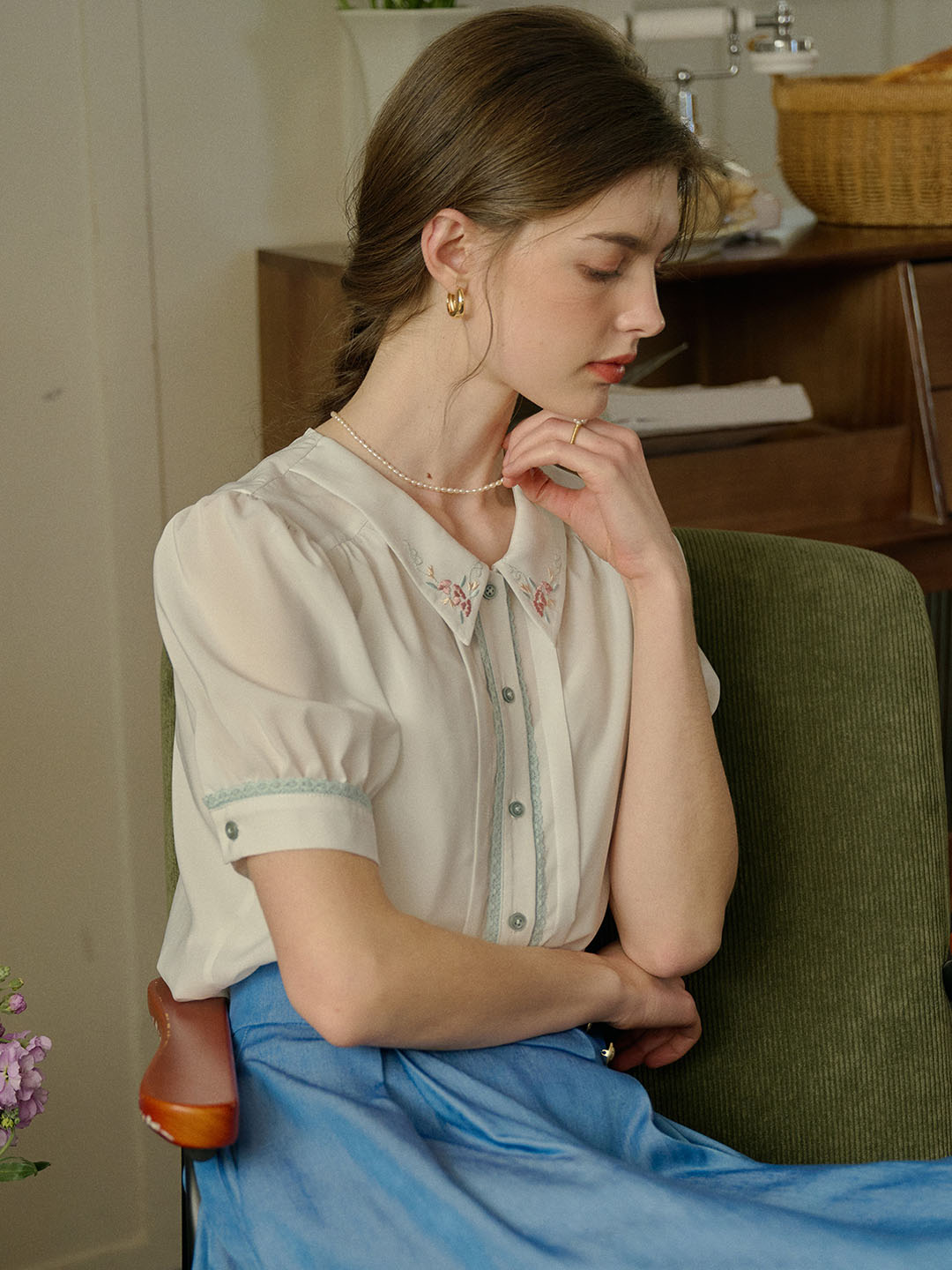 【Final Sale】Maia Floral Embroidered Lapel Contrast Lace Puff Sleeve Chiffon Shirt