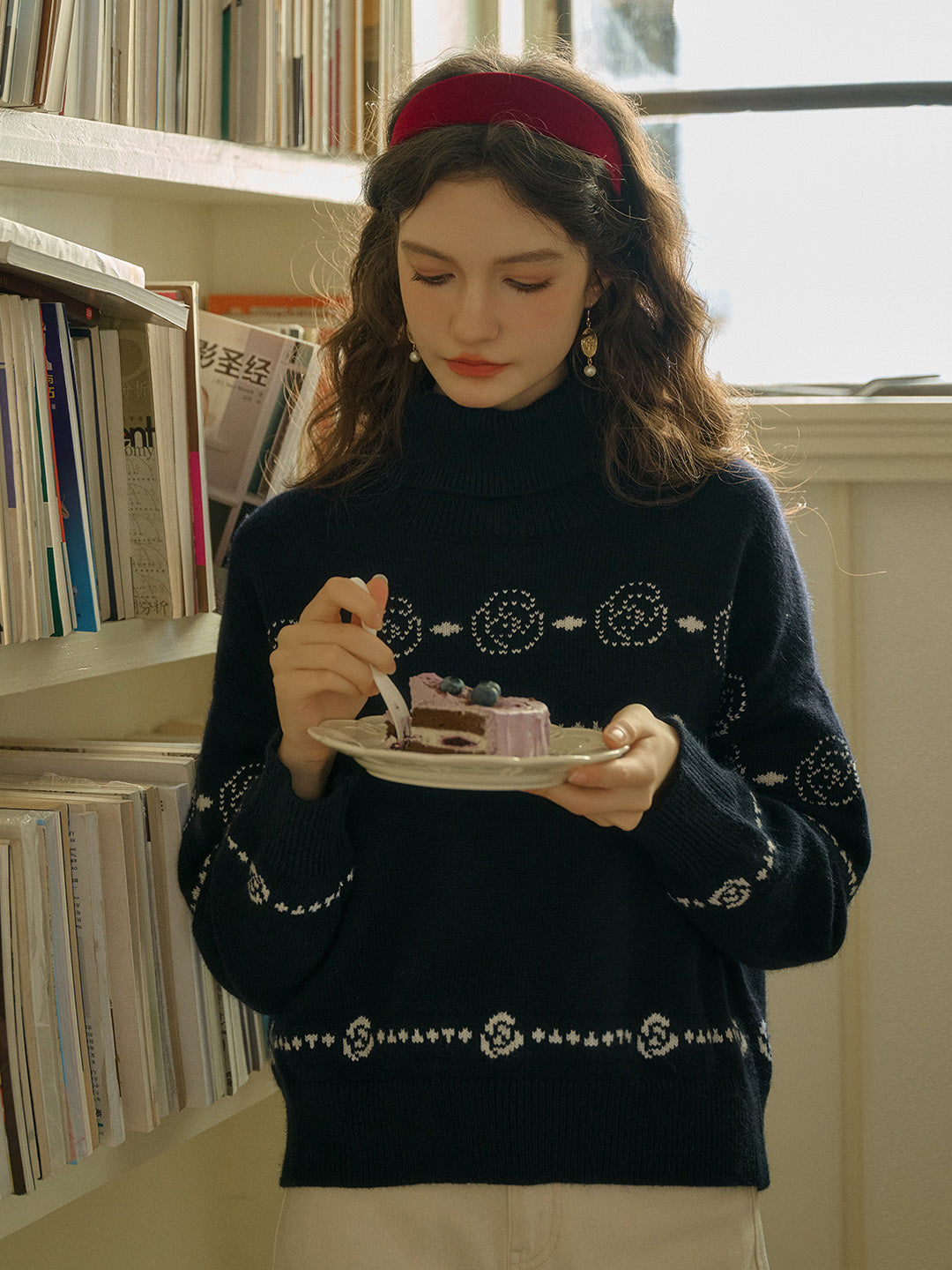 Henley Classic Rose Jacquard Turtleneck Fair Isle Sweater