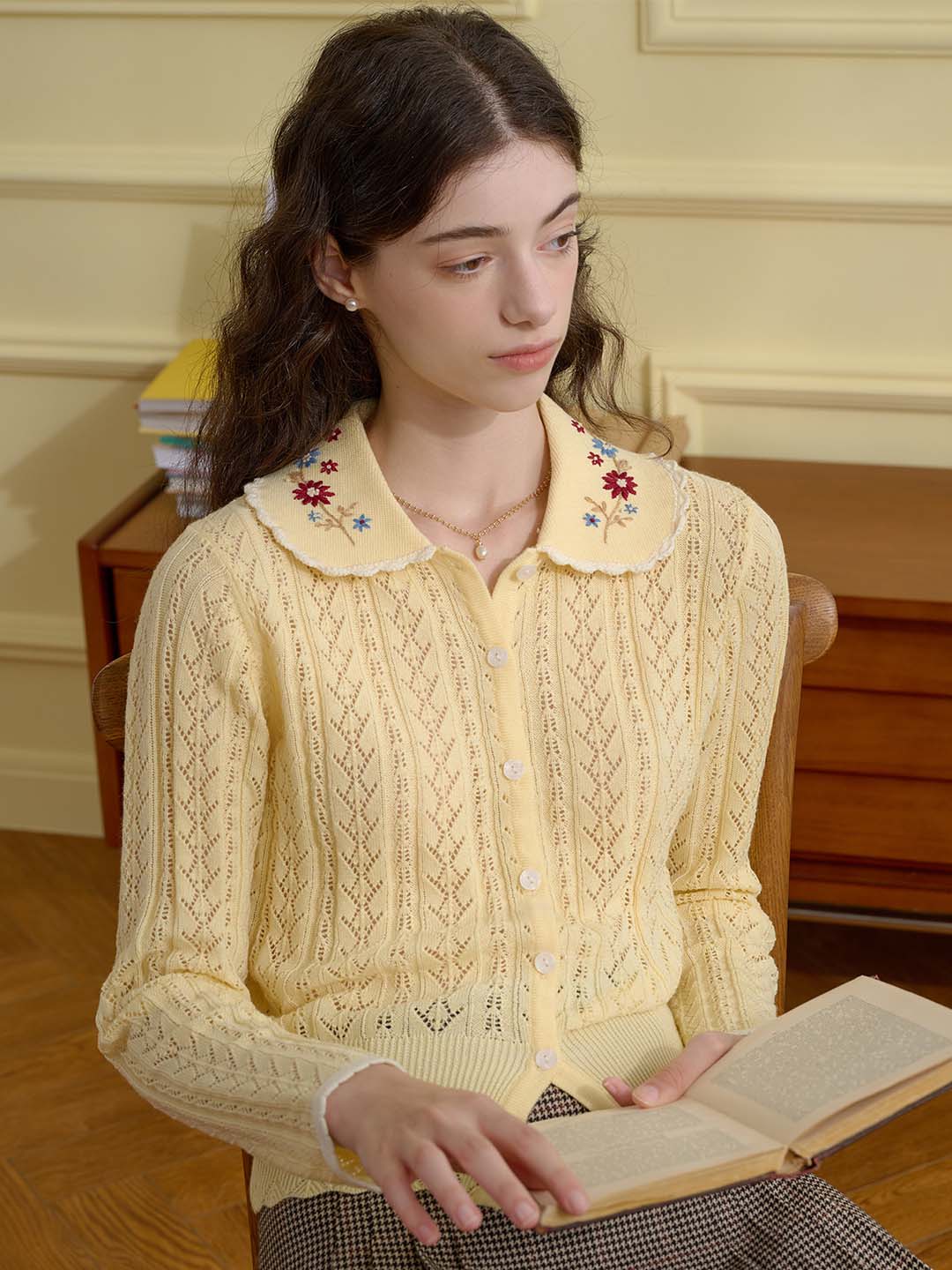 【Final Sale】Shay Peter Pan Collar Embroidered Contrast Cutout Cardigan