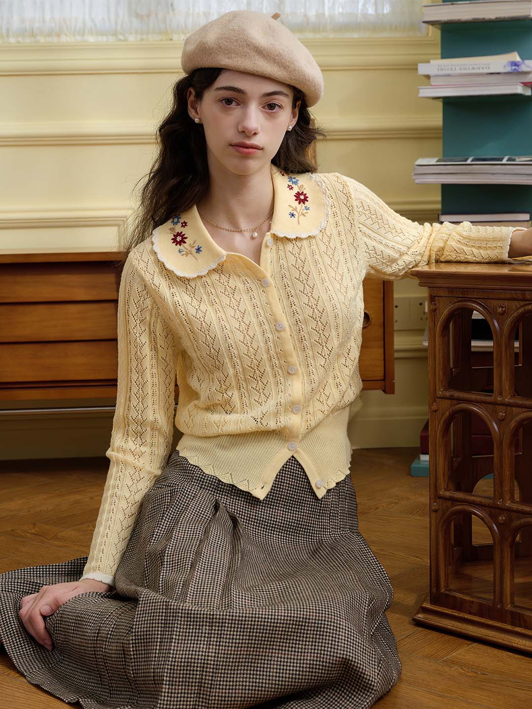 【Final Sale】Shay Peter Pan Collar Embroidered Contrast Cutout Cardigan