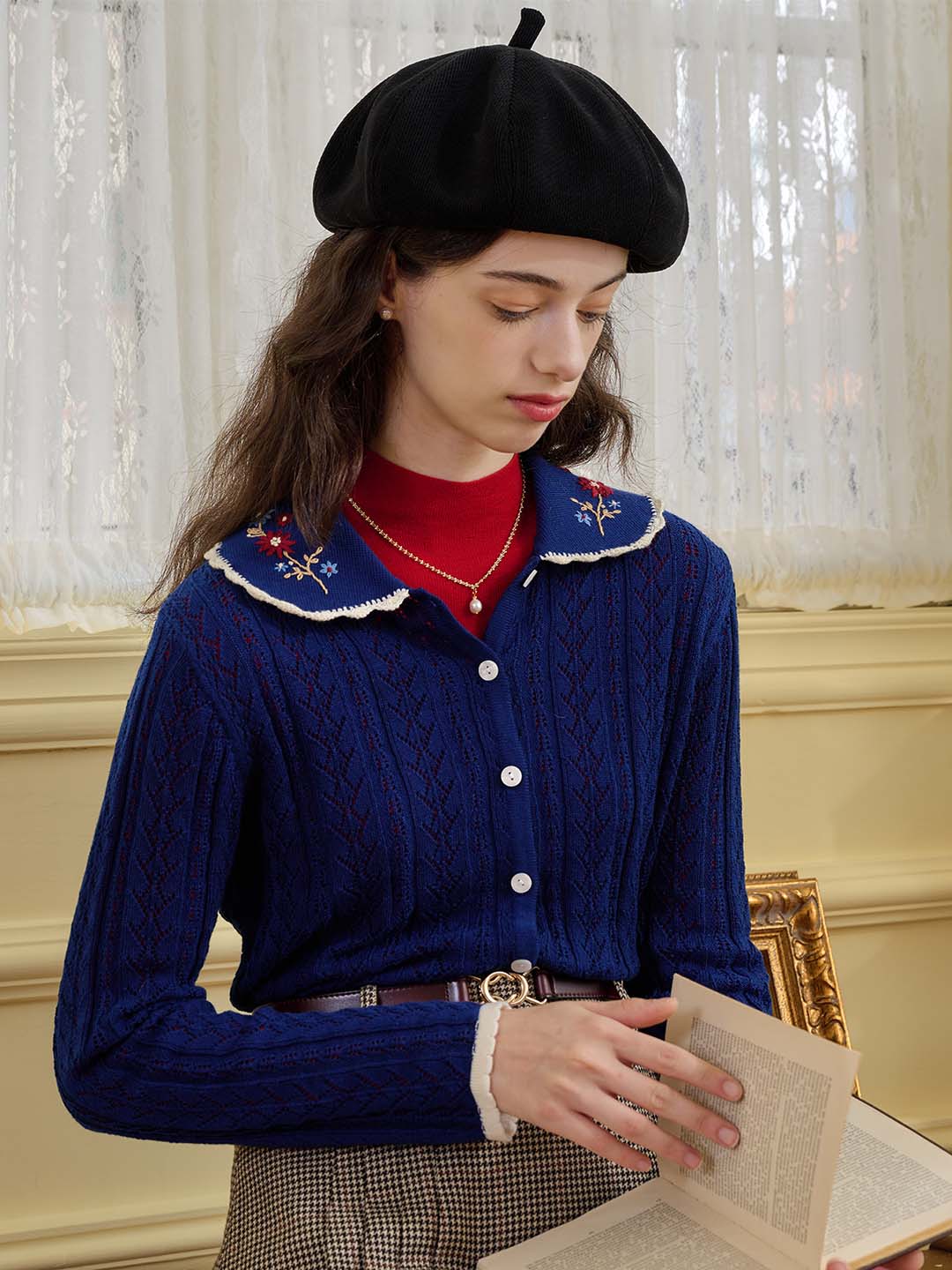 【Final Sale】Shay Peter Pan Collar Embroidered Contrast Cutout Cardigan