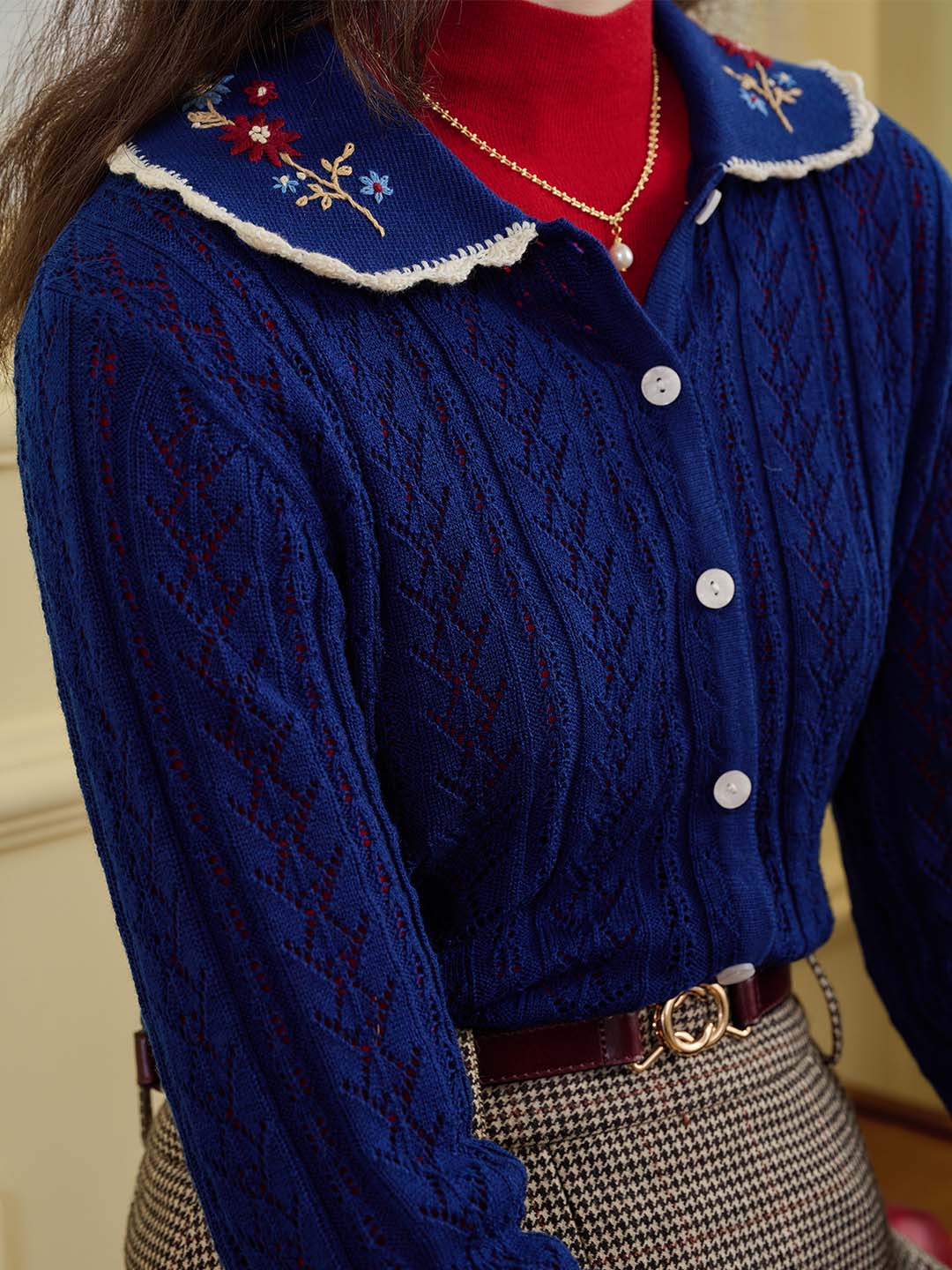 【Final Sale】Shay Peter Pan Collar Embroidered Contrast Cutout Cardigan