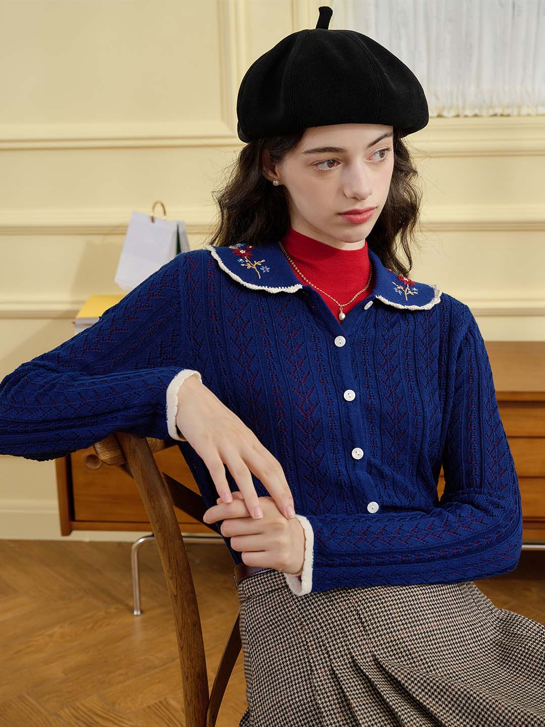 【Final Sale】Shay Peter Pan Collar Embroidered Contrast Cutout Cardigan