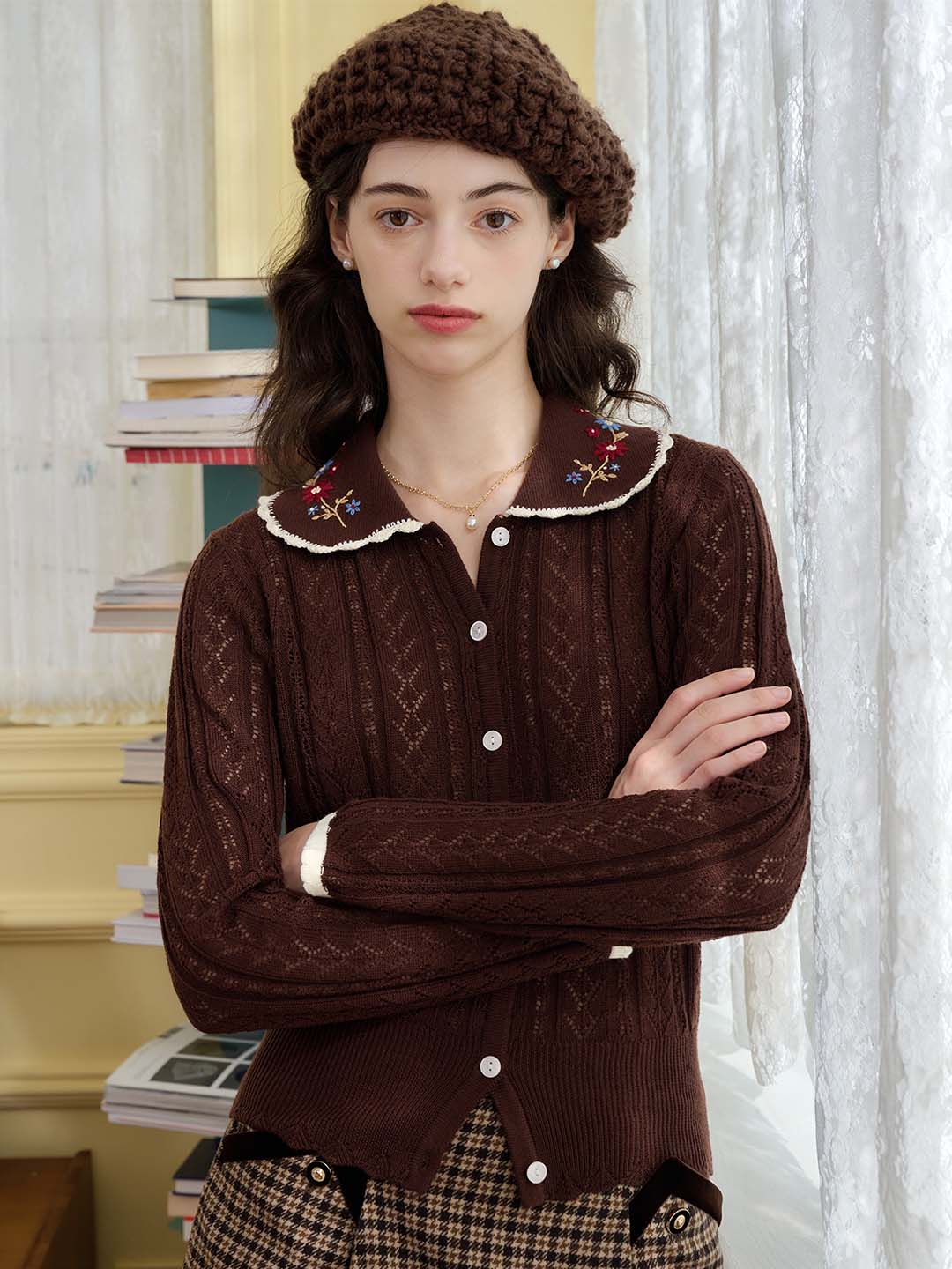 【Final Sale】Shay Peter Pan Collar Embroidered Contrast Cutout Cardigan