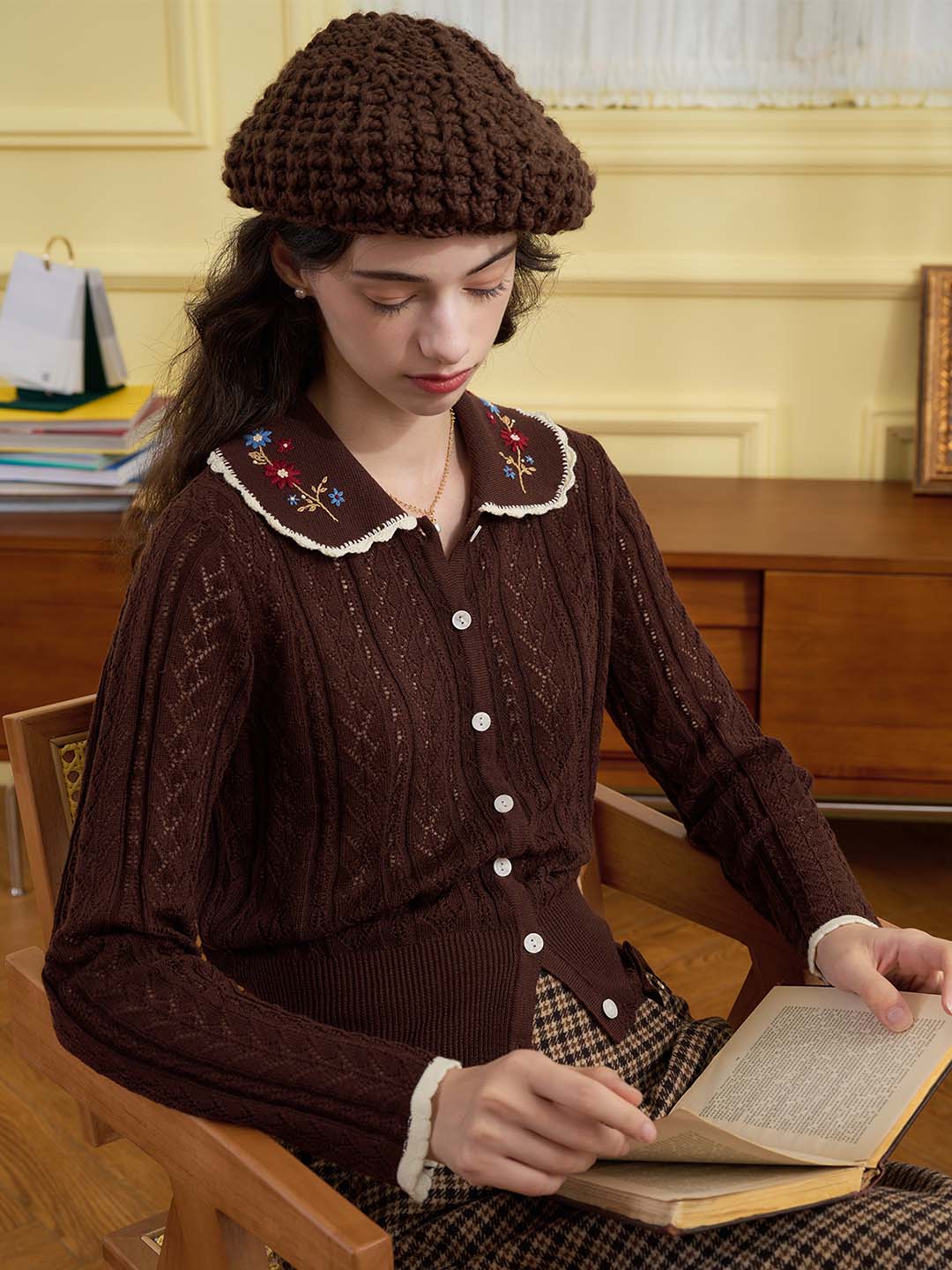 【Final Sale】Shay Peter Pan Collar Embroidered Contrast Cutout Cardigan