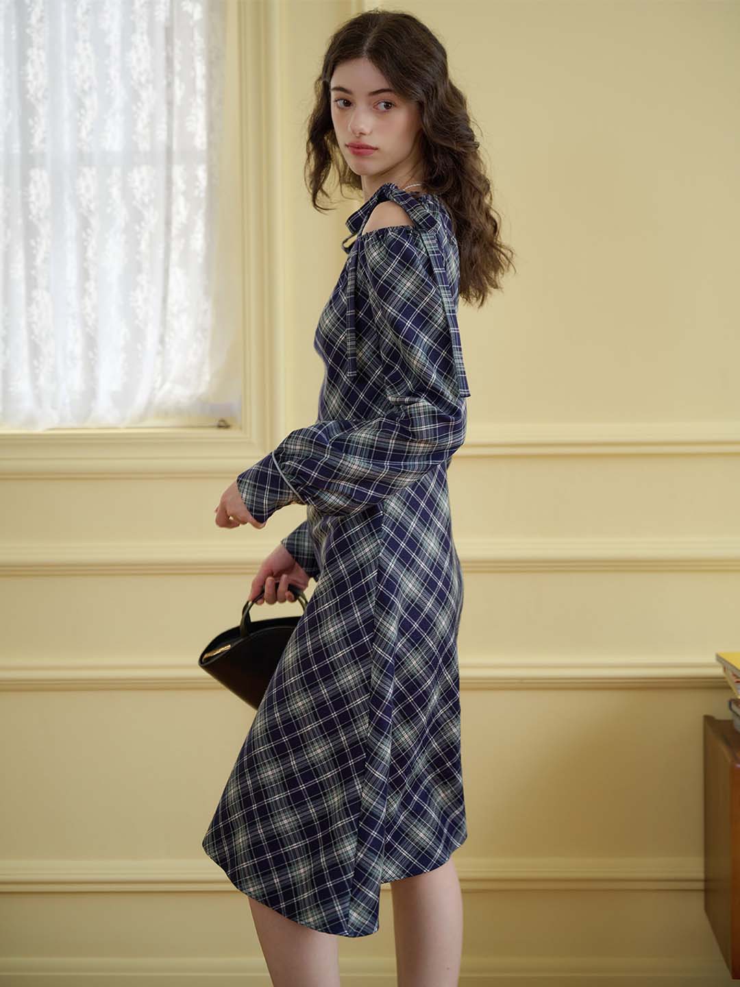 【Final Sale】Emery Plaid Print Cold Shoulder Knot Detail Dress