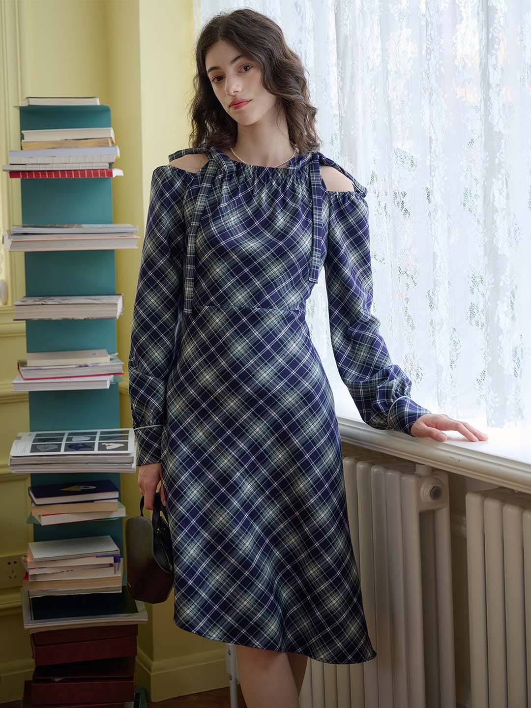 【Final Sale】Emery Plaid Print Cold Shoulder Knot Detail Dress