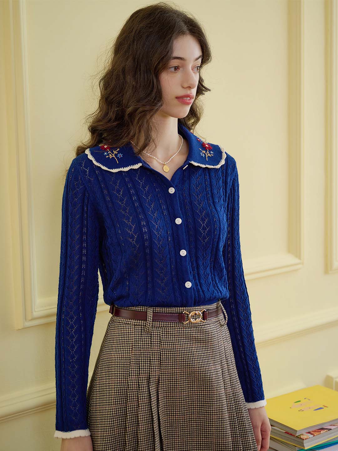 【Final Sale】Shay Peter Pan Collar Embroidered Contrast Cutout Cardigan