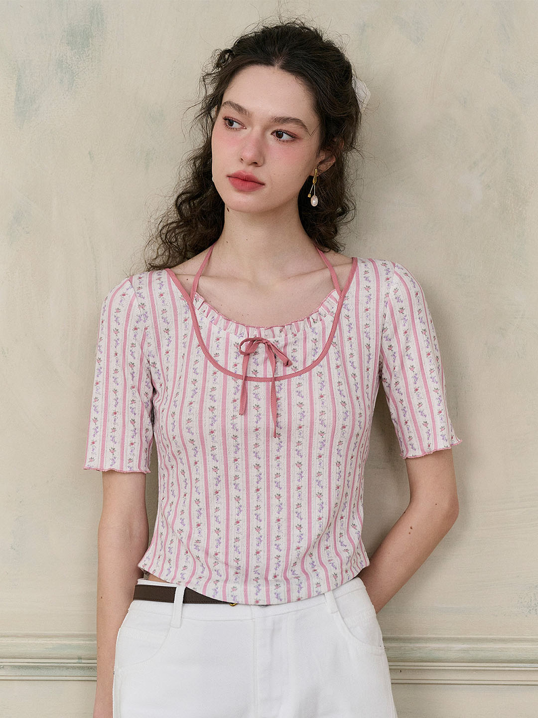Nadia Round Neck Bow Contrast Rose Floral Print Striped Knit T-shirt