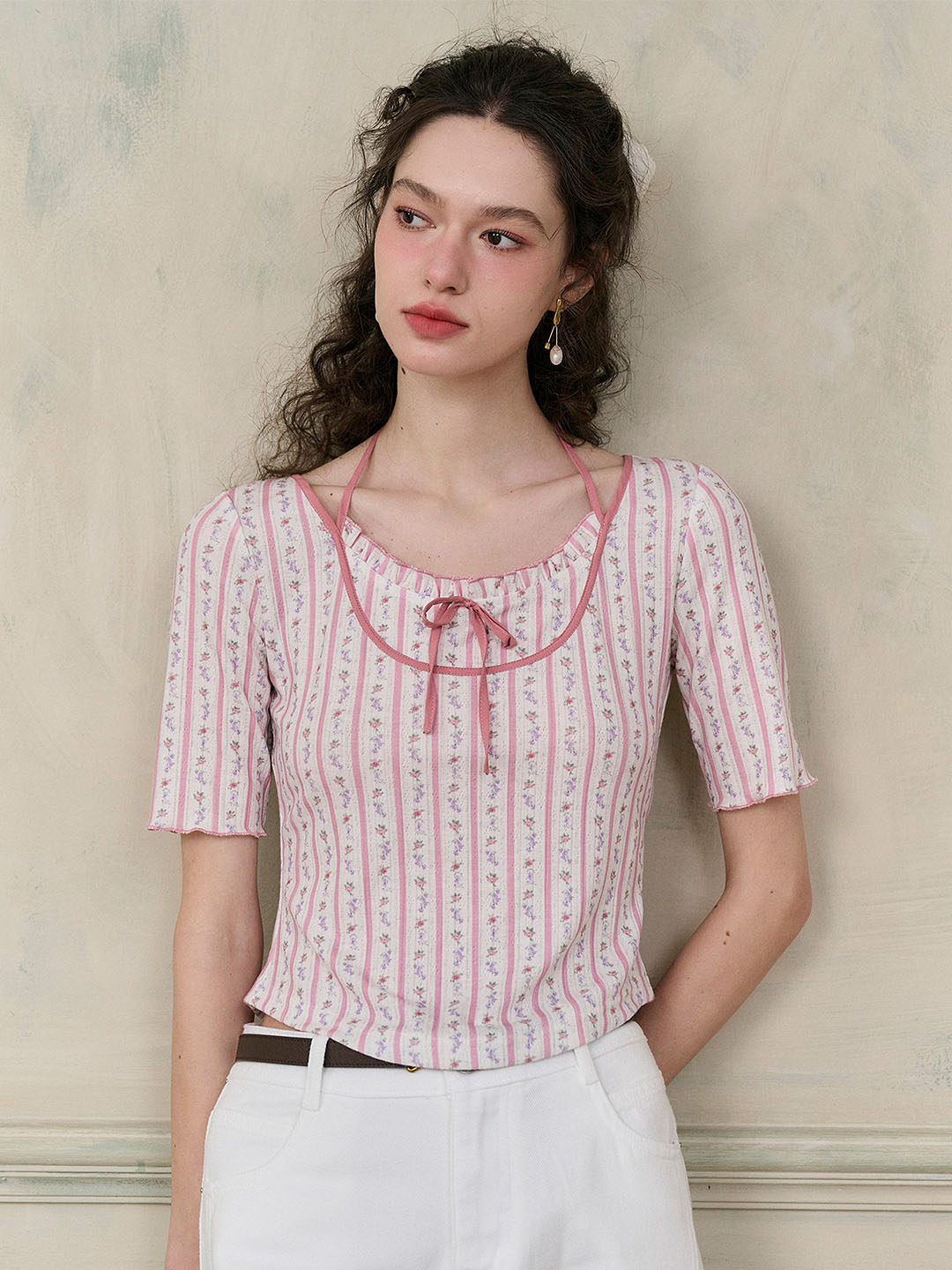 【Final Sale】Nadia Round Neck Bow Contrast Rose Floral Print Striped Knit T-shirt