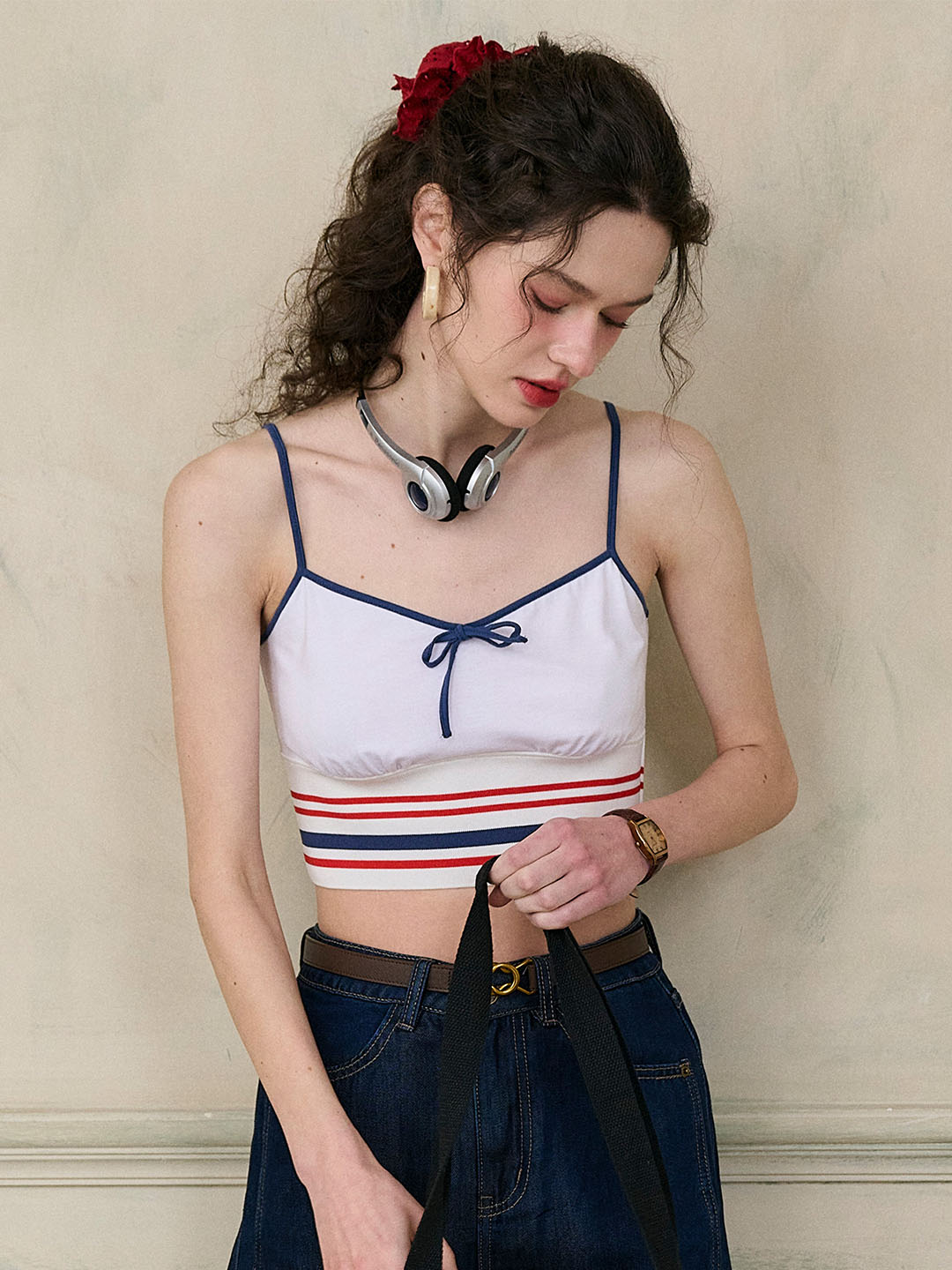 【Final Sale】Jessica Small V-neck Contrast Bow Striped Cotton Camisole Top