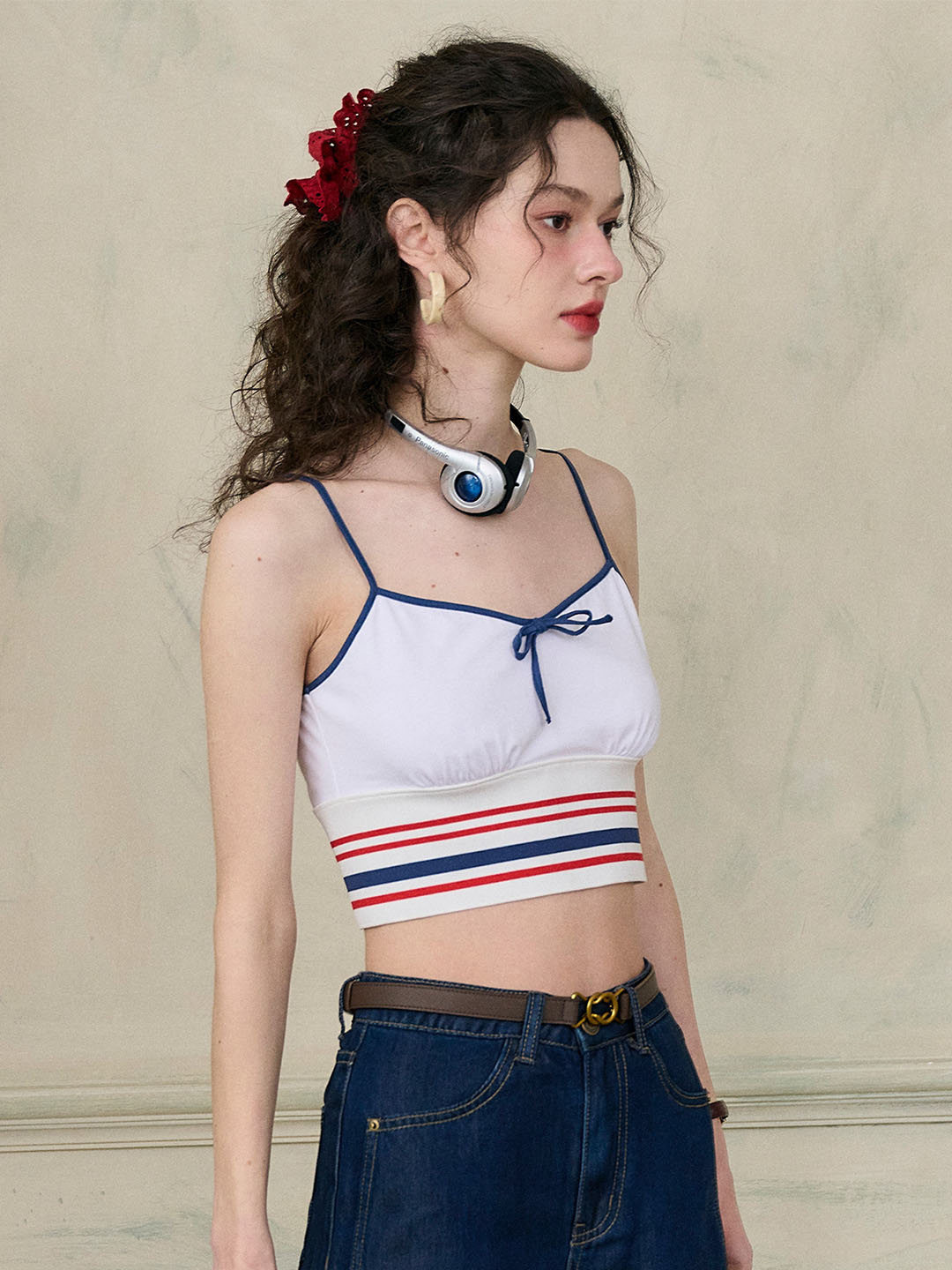 (Add-on Item) Jessica Small V-neck Contrast Bow Striped Cotton Camisole Top